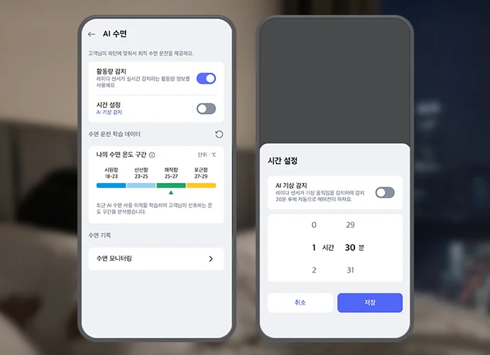 흐릿한 침실 배경 앞 우측으로 스마트폰 화면이 크게 보이며, 화면에는 LG 휘센 AI 오브제컬렉션 쿨 에어컨의 AI수면 기능 설정화면이 표시되어 있습니다. 첫번째 화면 상단에는 AI 수면 이라는 제목 문구가 있으며, 그 아래에는 고객님의 패턴에 맞춰서 최적 수면 운전을 제공해요. 라는 설명 문구가 있습니다. 스마트폰 화면에는 활동량 감지, 시간 설정 토글과 수면 단계별 온도 구간 그래프 등이 텍스트와 스위치 형태로 나타나 있습니다. 활동량 감지 옵션은 레이더 센서가 실시간 감지하는 활동량 정보를 사용해요. 라는 설명 문구과 함께 토글이 켜져 있습니다. 시간 설정 옵션은 AI 기상 감지라는 설명과 함께 토글이 꺼져 있습니다. 그 아래에는 수면 운전 학습 데이터라는 제목과 함께 나의 수면 온도 구간이라는 항목이 있으며, 단위는 ℃로 표시되어 있습니다. 시원함 18~23, 선선함 23-25, 쾌적함 25-27, 포근함 27-29라는 구간이 각각 파란색, 하늘색, 녹색, 노란색으로 표시되어 있습니다. 최근 AI 수면 사용 이력을 학습하여 고객님이 선호하는 온도 구간을 분석했습니다라는 설명도 포함되어 있습니다. 하단에는 수면 기록과 수면 모니터링이라는 항목이 있습니다. 두번째 화면 상단에는 시간 설정이라는 문구가 노출되고 있으며, 하단에는 AI 기상 감지 타이틀과 함께 레이더 센서가 기상 움직임을 감지하여 감지 20분 후에 자동으로 에어컨이 켜져요. 라는 설명 문구가 있고 제어가 가능한 버튼이 오른쪽에 배치되어 있습니다. 하단에는 0부터 2까지 시간을 설정하고 29분부터 31분까지 분을 설정할 수 있도록 화면이 구성되어 있으며 최하단 취소 버튼과 저장 버튼이 노출되고 있습니다. 이 이미지는 LG ThinQ 앱 내에서 에어컨의 AI수면 기능을 제어하는 화면을 설명합니다.
