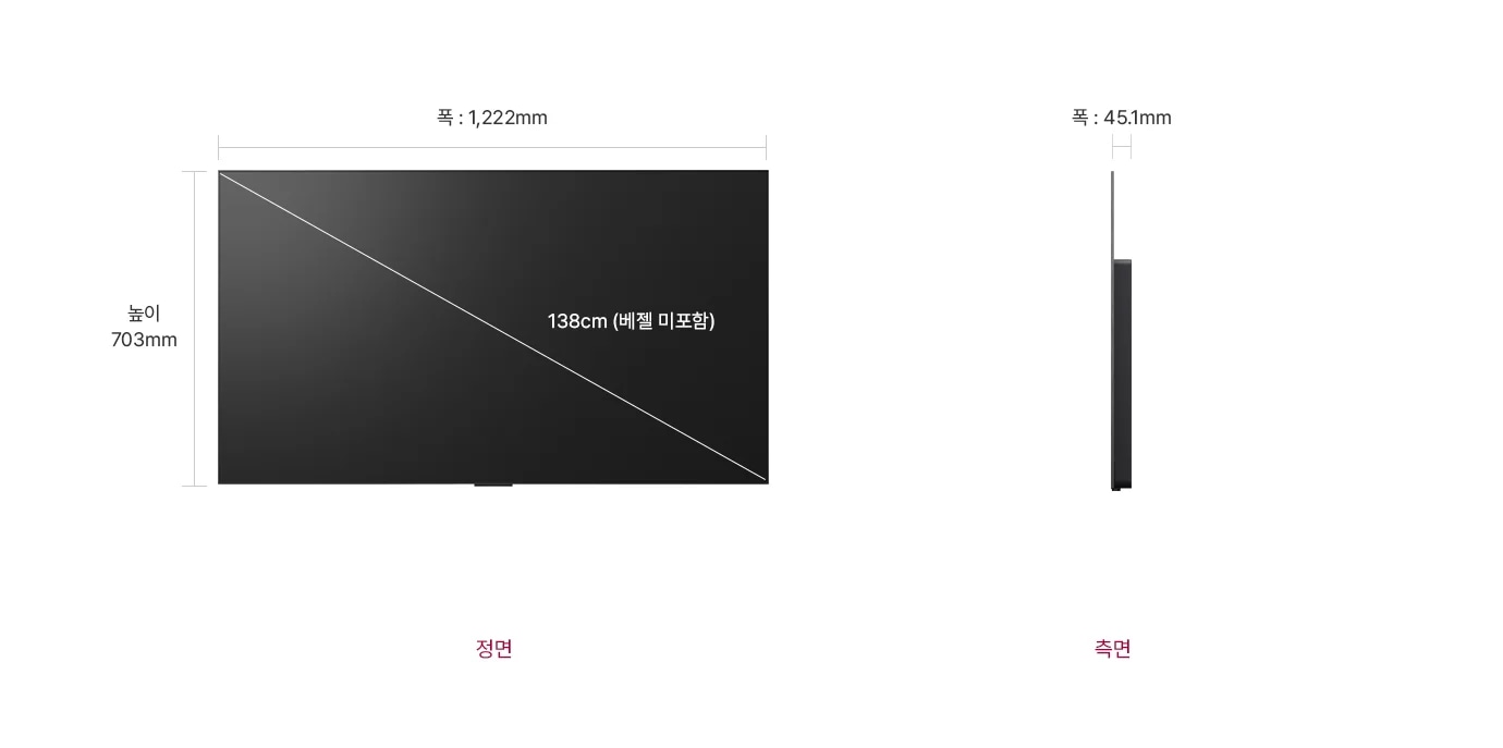 정면에서 본 TV는 폭 1,222mm, 높이 703mm, 베젤을 제외한 대각선의 길이는 138cm입니다. 제품의 측면에서는 폭 45.1mm을 표시합니다.