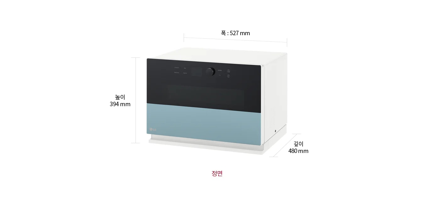 이 이미지는 LG 전자제품의 정면을 보여주고 있으며, 제품의 크기가 표시되어 있습니다. 폭은 527mm, 높이는 394mm, 깊이는 480mm입니다. 제품의 전면에는 검은색 패널이 있으며, LG 로고가 보입니다.