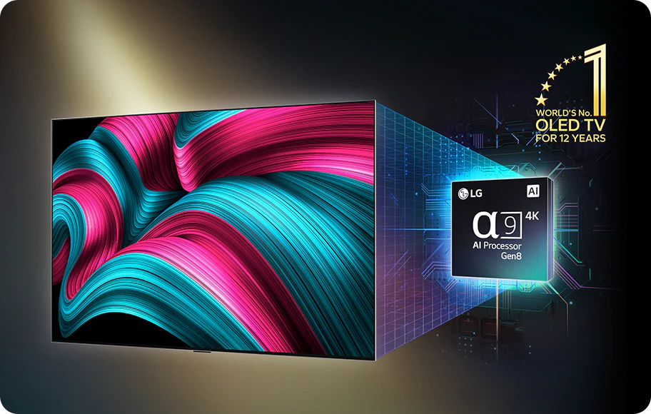 화려한 색상의 추상적인 패턴이 화면에 표시된 OLED TV 이미지입니다. TV 옆에는 LG &alpha;9 4K AI Processor Gen8이라는 텍스트가 있는 프로세서 이미지가 있으며, 그 위에는 'WORLD'S No.1 OLED TV FOR 12 YEARS'라는 문구가 있습니다. TV와 프로세서 이미지 사이에는 디지털 그래픽 요소가 포함되어 있습니다.