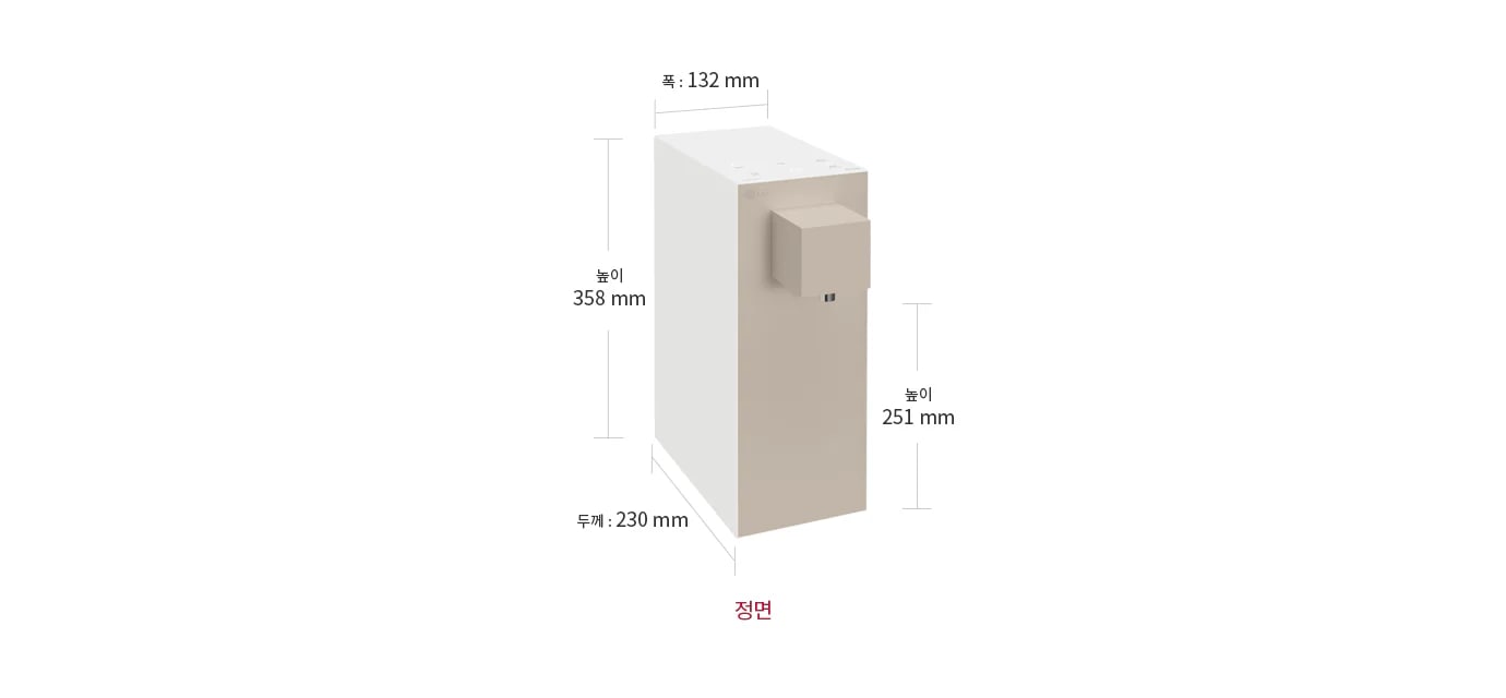 제품의 상단에는 터치 버튼이 위치해 있으며, 전면 중앙에는 물이 나오는 출수구가 있습니다. 제품의 크기는 폭 132mm, 높이 358mm, 두께 230mm로 표시되어 있으며, 출수구의 높이는 251mm로 명시되어 있습니다. 이미지 하단에는 정면이라는 텍스트가 포함되어 있습니다.