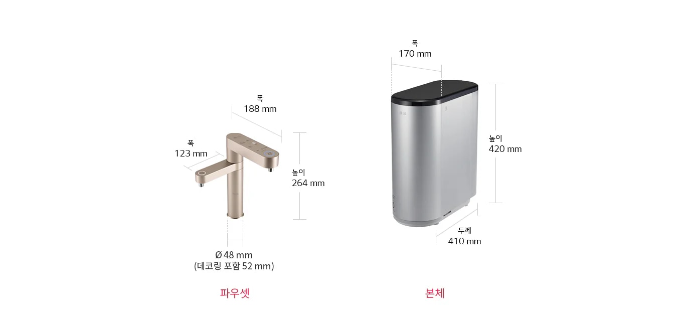 
  파우셋과 본체의 이미지입니다. 파우셋의 크기는 폭 188mm, 출수구 폭은 123mm, 높이 264mm, 지름 48mm(데코링 포함 52mm)입니다. 본체의 크기는 폭 170mm, 두께 410mm, 높이 420mm입니다.